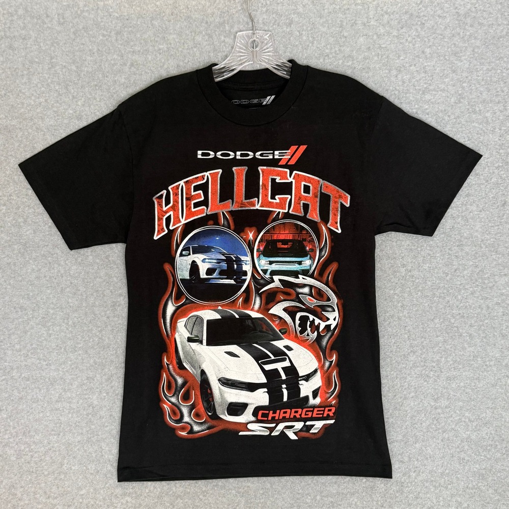 NEW! Dodge Hellcat Charger SRT T-Shirt Mens Small Black Graphic Flame Mopar Tee